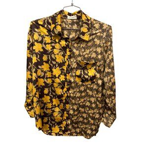 The Nines Floral Button Front Shirt Womens S Long Sleeve Yellow Brown Botanical